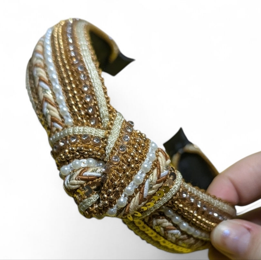 NEW Women's Knot Headband Gold Brown Beaded Embroidered